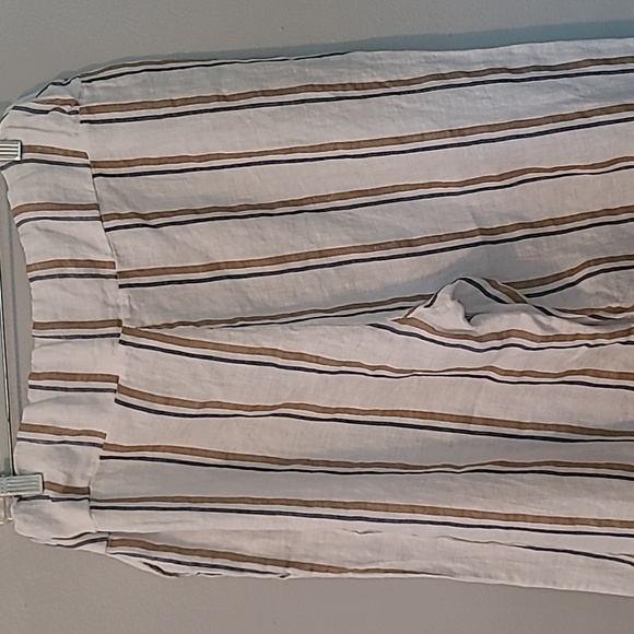 Angela Mara Linen White Tan Blue Striped Pull-on Wide Pants Popover Top Tie Sz L - Picture 11 of 16